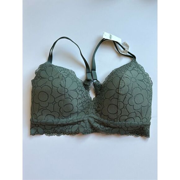 Size 34D Aerie Real Happy Wireless Green Lace Trim Bra - Picture 1 of 8
